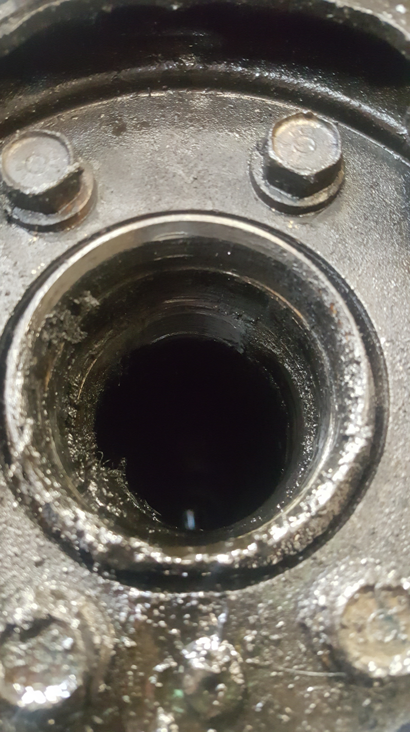 Axle shaft housing. Note the metal scoring up top, where the axle had been grinding against. Oh, and all the metal shavings...